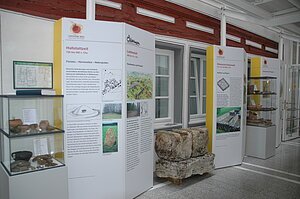 Geologie, Geopark Infozentrum Oettingen Infotafeln zur Hallstattzeit und zur Römischen Kaiserzeit sowie Vitrinen mit Fundstücken im Geopark Infozentrum in Oettingen