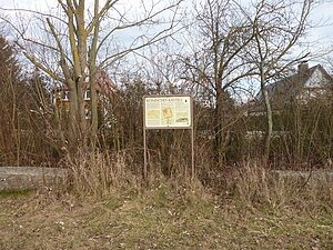 Vor einer Gruppe Büsche steht eine Informationstafel mit der Überschrift "Römisches Kastell".